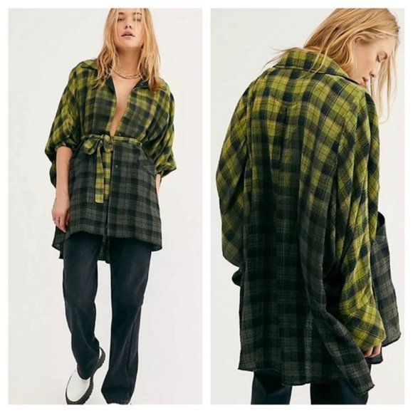 Free People / WE THE FREE You Wish XS Black Plaid Ombre Slouchy Dress | Jacket - Picture 2 of 7
